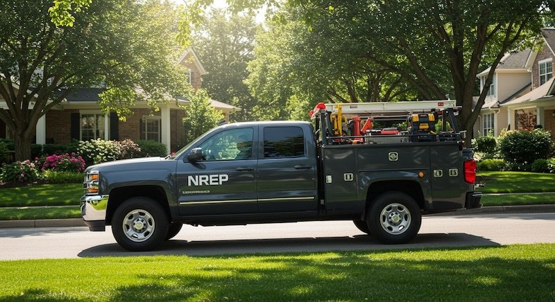 NREP work truck parked outside residence to install solar system